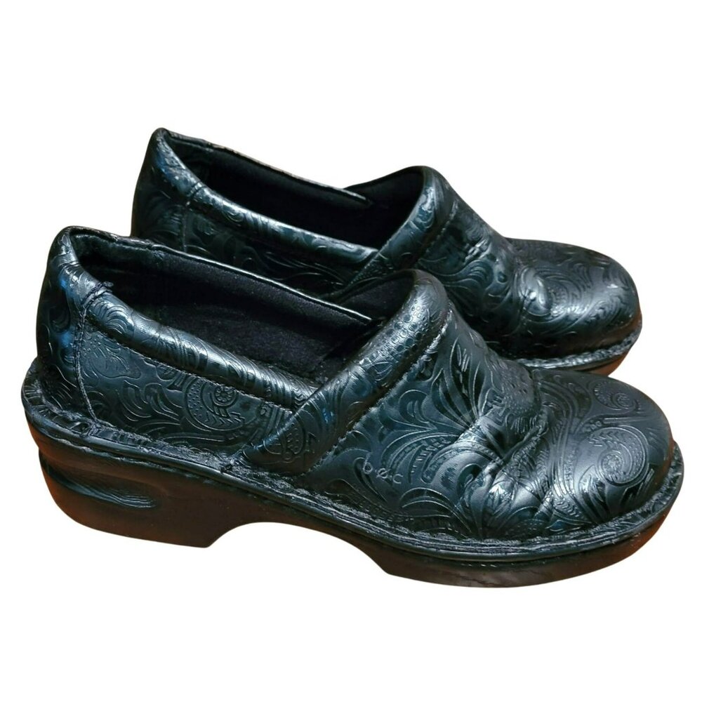 B.O.C. Women's Black Leather Clog Mules Paisley Size 7 Medium Comfortable jh697